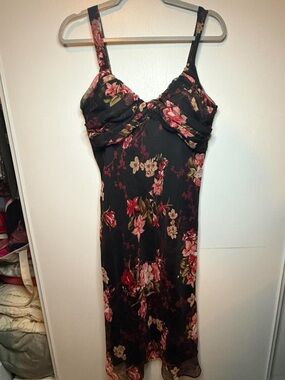 Floral Spaghetti Strap Slip Dress - Black with Pink Floral